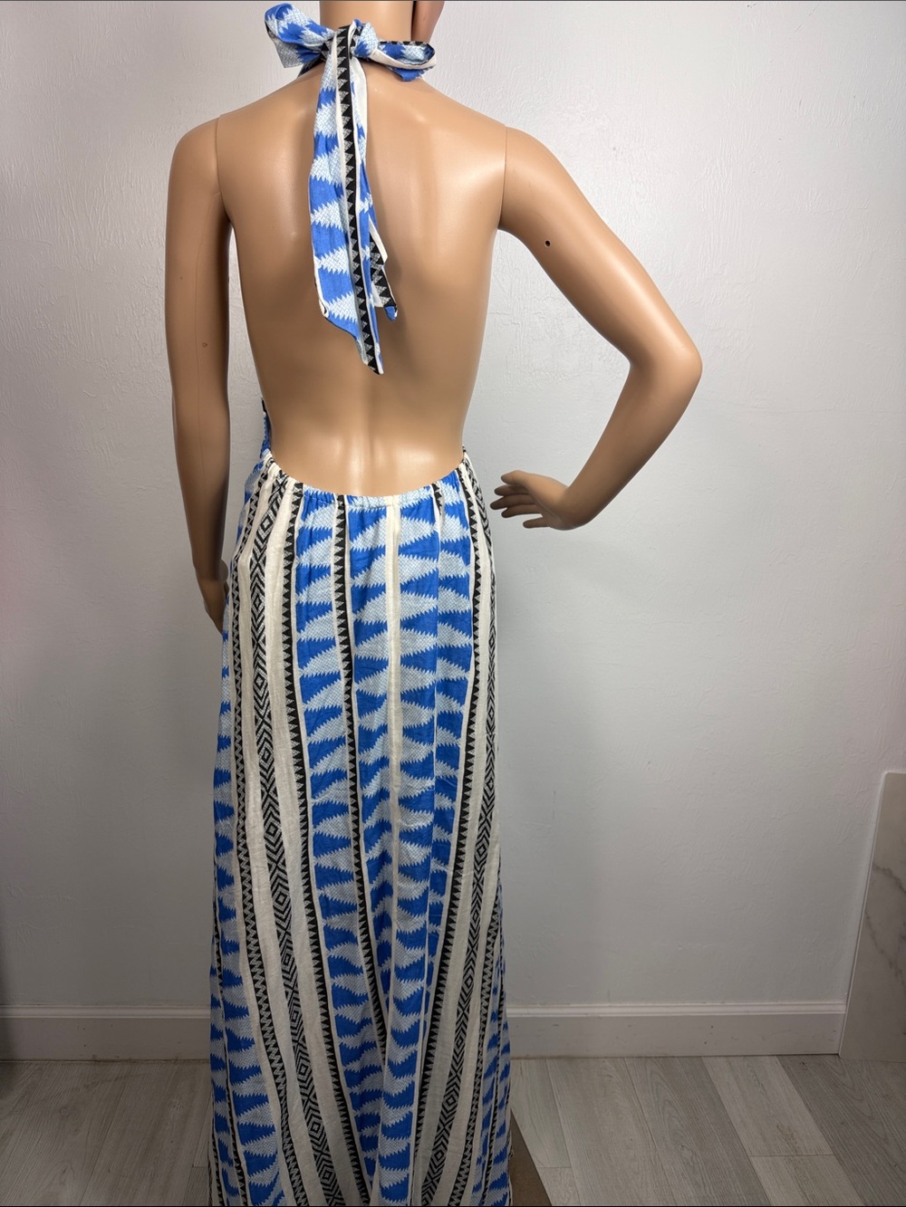 Elan Blue Aztec Print Cotton Halter Backless Maxi Dress NWT Size Medium Boho - Picture 3 of 7
